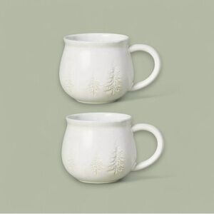 SET OF 2 Hearth & Hand 16oz Winter Pine Trees Cream Holiday Stoneware Mugs NEW